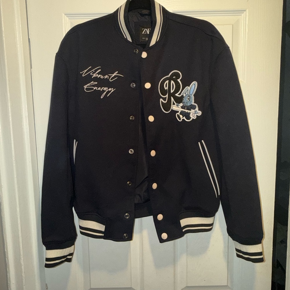 Zara Navy Varsity Jacket with Striped Collar